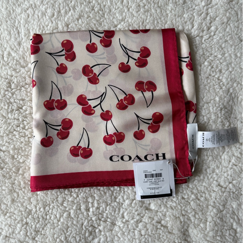 NWT Coach Cherry Print Silk Square Scarf Red CZ533